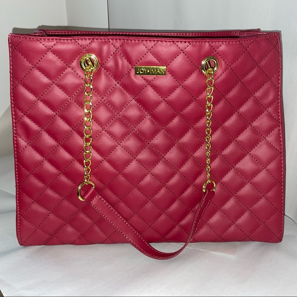 JOY & IMAN Satchel Diamond Quilted Leather Bag Red - Picture 2 of 13